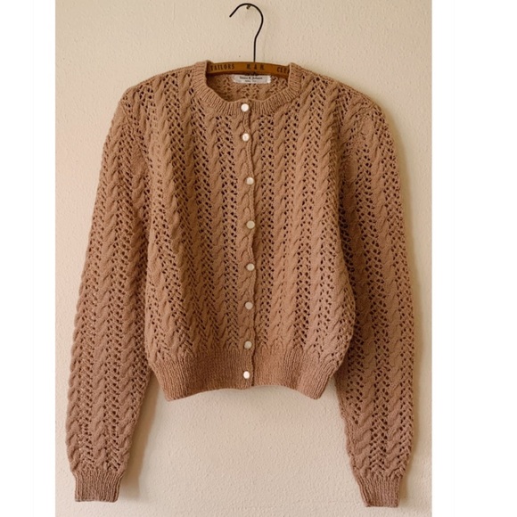Vintage Sweaters - Vintage 60s Oatmeal Tan Wool Knit Lace Cardigan Button Up Sweater S/M